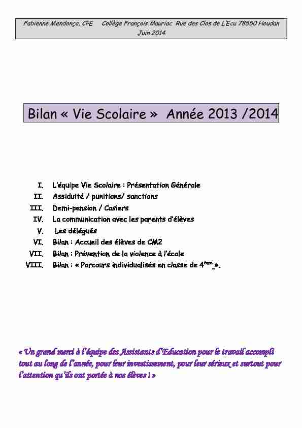 Bilan « Vie Scolaire » Année 2013 /2014