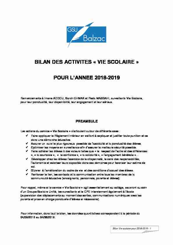 BILAN DES ACTIVITES « VIE SCOLAIRE » POUR LANNEE 2018