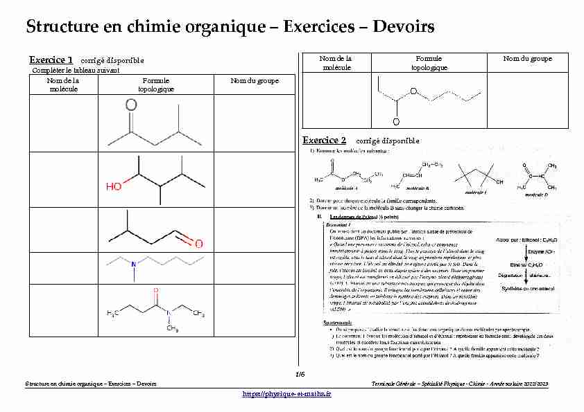 Terminale générale - Structure en chimie organique - Exercices