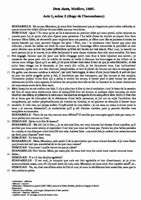 [PDF] Dom Juan Molière 1665 Acte I scène 2 (éloge de linconstance)