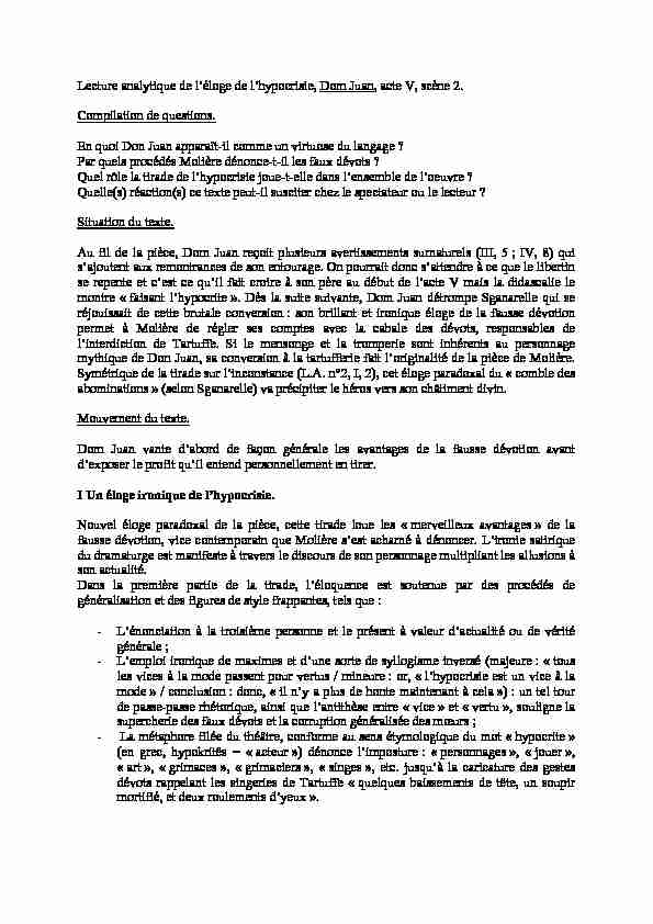 [PDF] Lecture analytique de léloge de lhypocrisie Dom Juan acte V