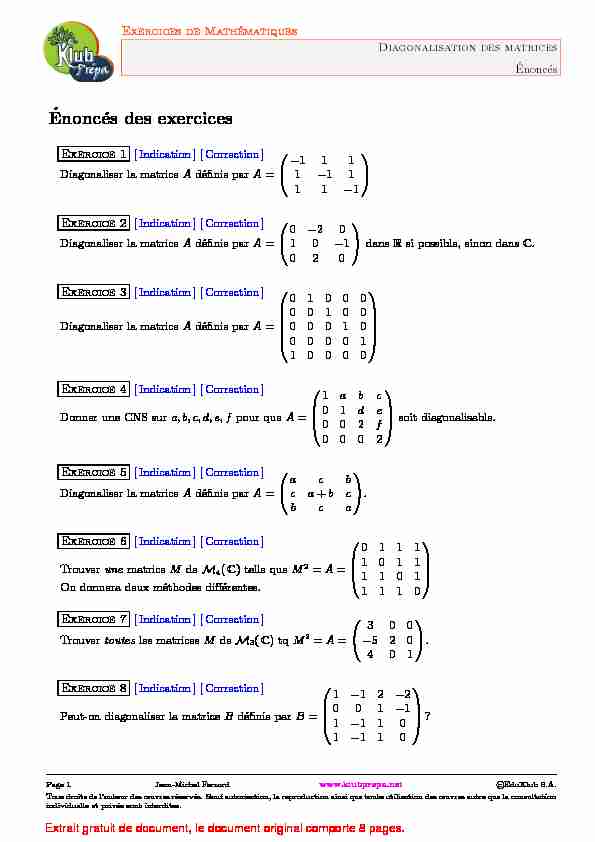 Diagonalisation des matrices (8 exercices)