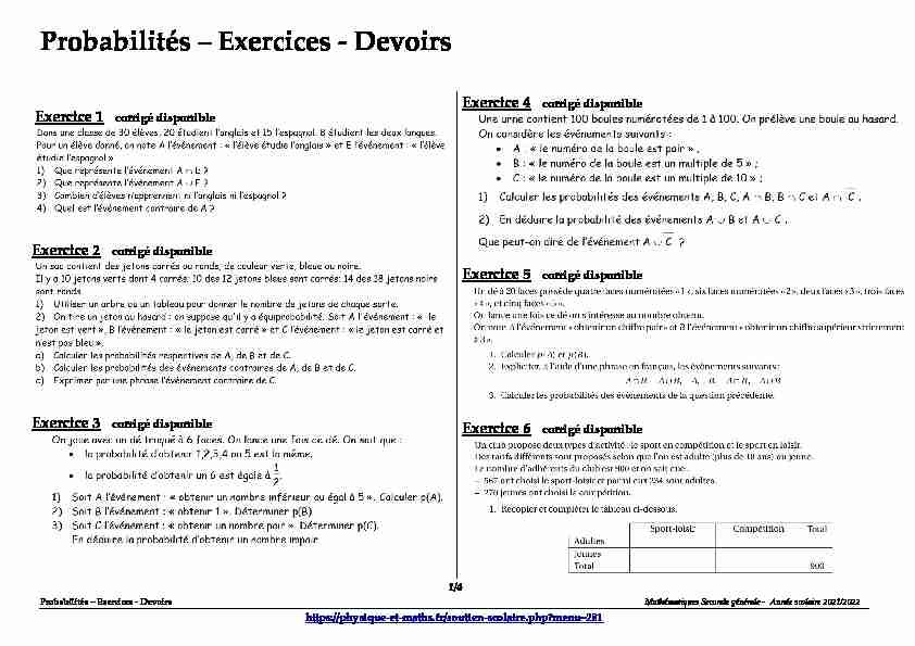 Seconde générale - Probabilités - Exercices - Devoirs