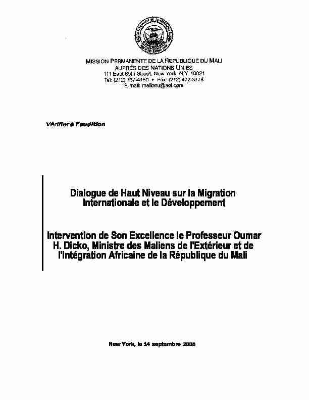 Dialogue de Haut Niveau sur la Migration Internationale et l?