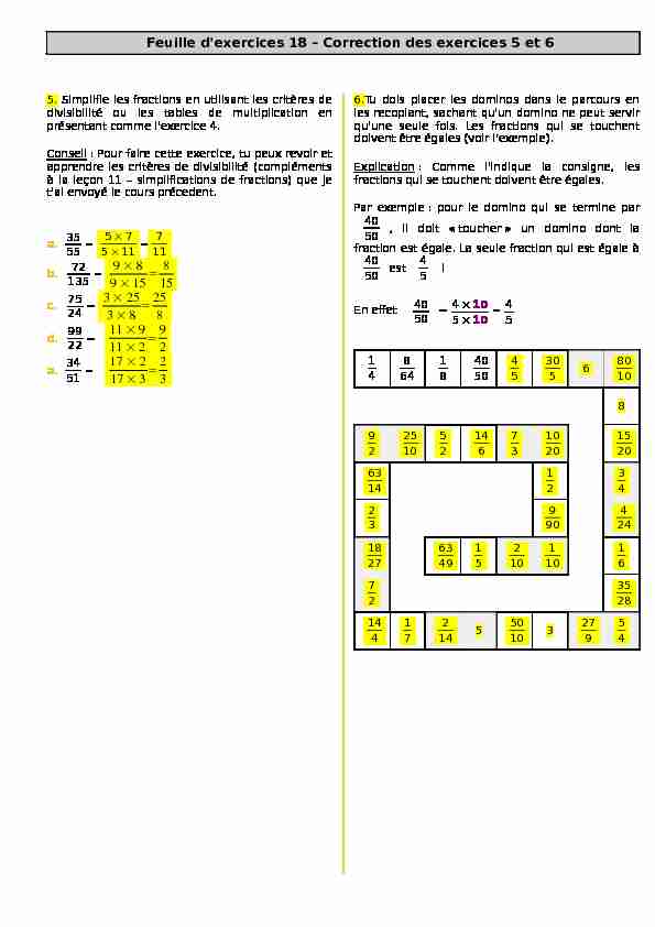 [PDF] E18_5e_1920 - Simplifier une fraction - Correction exercices 5 et 6