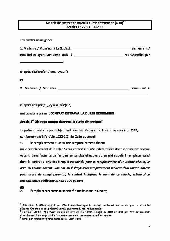 [PDF] Modèle de contrat de travail à durée déterminée (CDD) - ITMlu