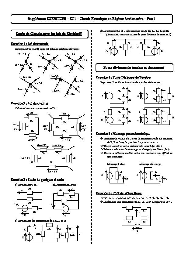 Etude de Circuits avec les lois de Kirchhoff Ponts diviseurs de
