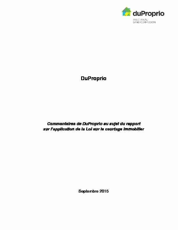 Commentaires de DuProprio au sujet du rapport sur lapplication de