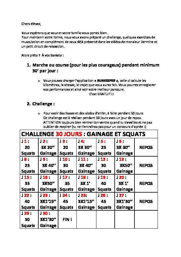CHALLENGE 30 JOURS : GAINAGE ET SQUATS