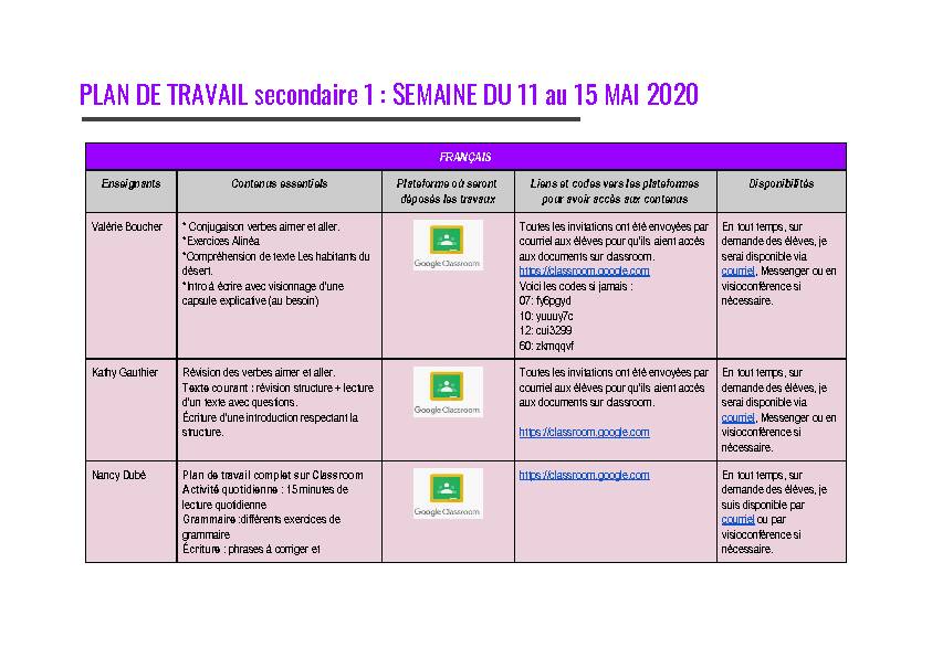PLAN DE TRAVAIL secondaire 1 : SEMAINE DU 11 au 15 MAI 2020