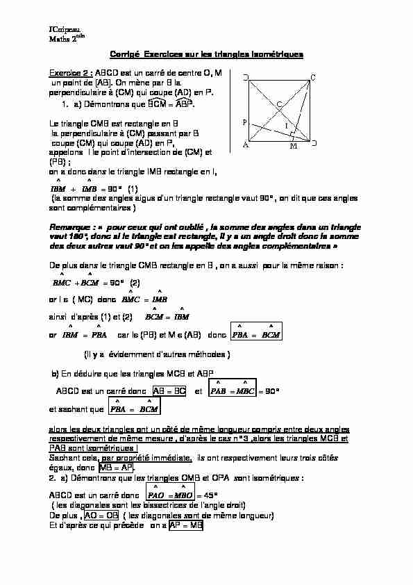 JCoipeau Maths 2 Corrigé Exercices sur les triangles isométriques