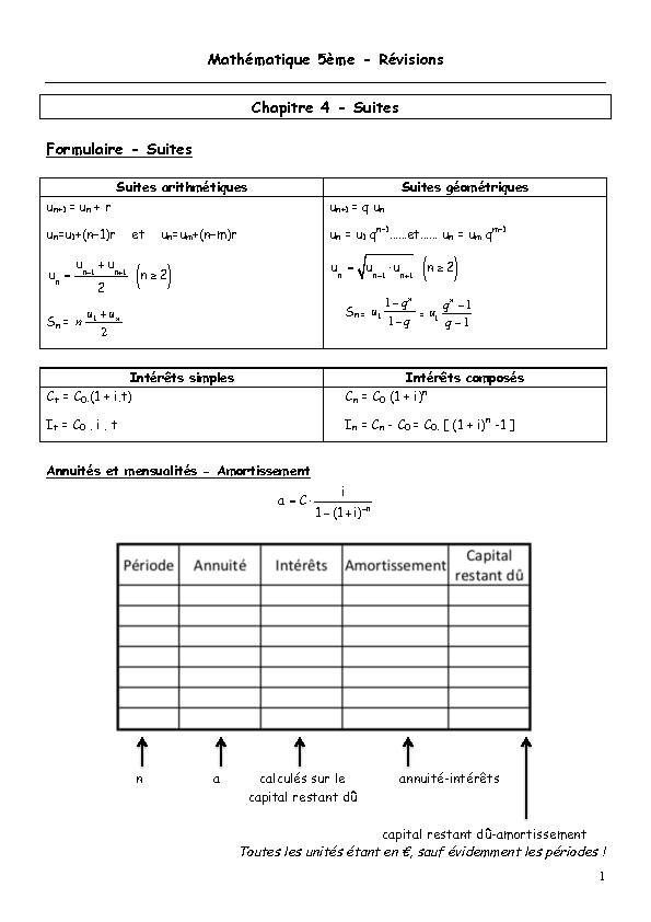 Mathématique 5ème - Révisions Chapitre 4 - Suites Formulaire