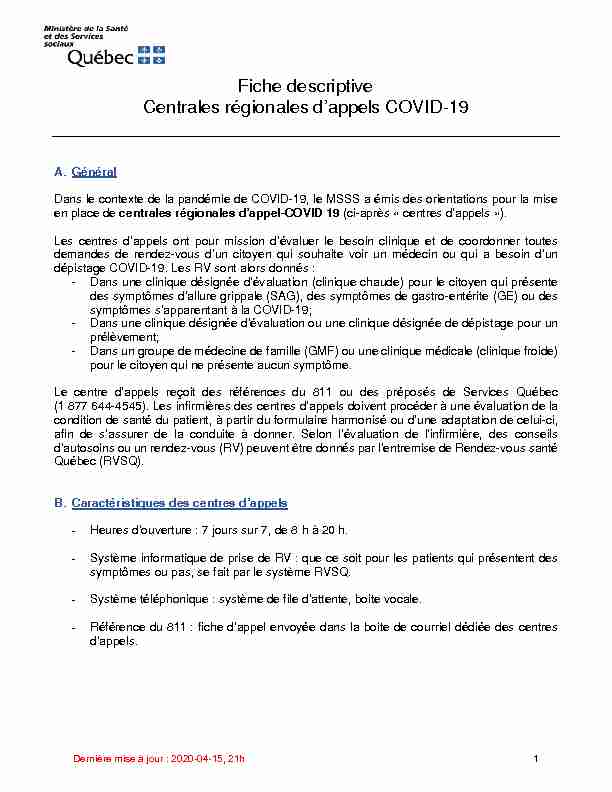 Fiche descriptive Centrales régionales d’appels COVID-19