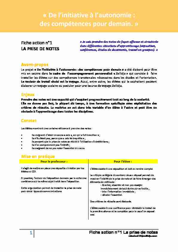 [PDF] Fiche action n°1 LA PRISE DE NOTES - mediaeduscoleducationfr