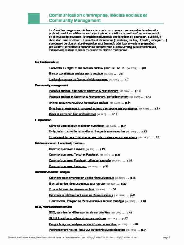 [PDF] Communication dentreprise, Médias sociaux et Community  - Orsys