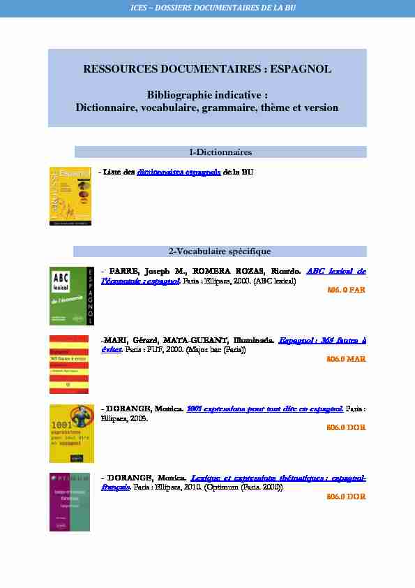 RESSOURCES DOCUMENTAIRES : ESPAGNOL Bibliographie