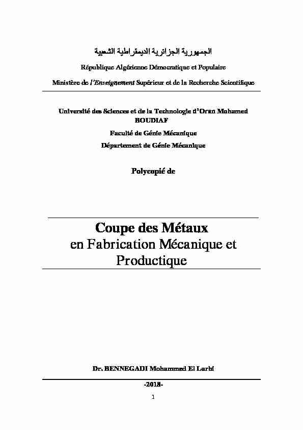 [PDF] Coupe des Métaux en Fabrication Mécanique et Productique - USTO