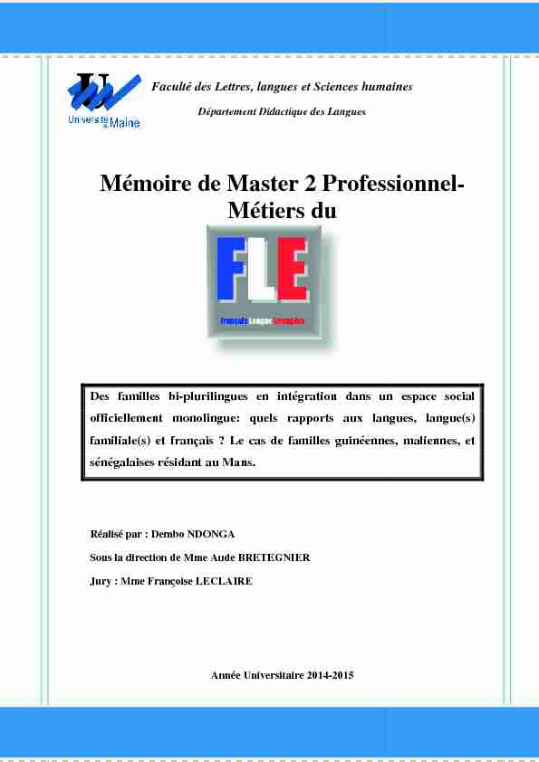 Mémoire Mémoire de Master 2 Professionnel Métiers du er 2