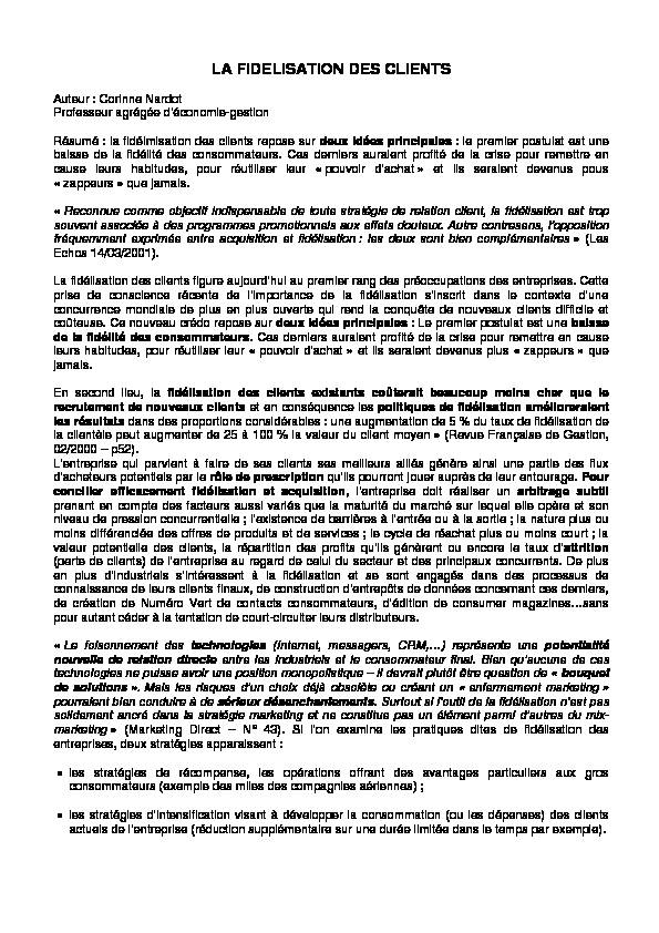 [PDF] LA FIDELISATION DES CLIENTS