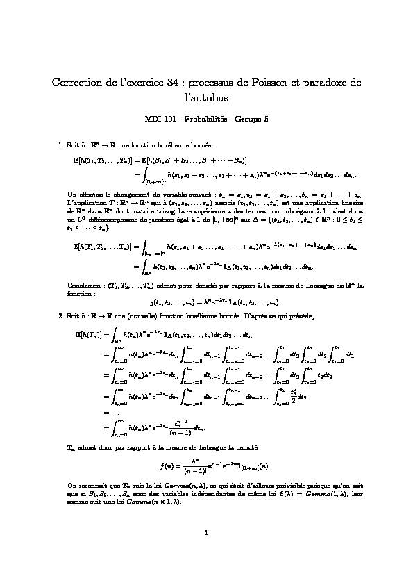 [PDF] Correction de lexercice 34 : processus de Poisson et paradoxe de l