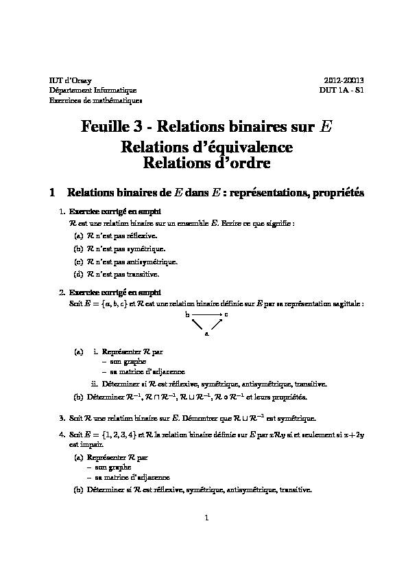 Feuille 3 - Relations binaires sur E Relations d´equivalence