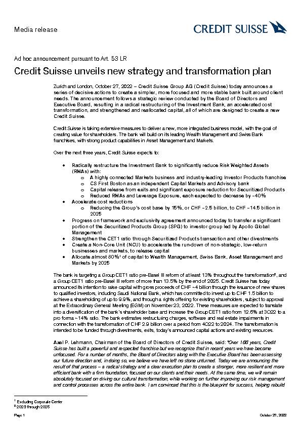 Credit Suisse unveils new strategy and transformation plan