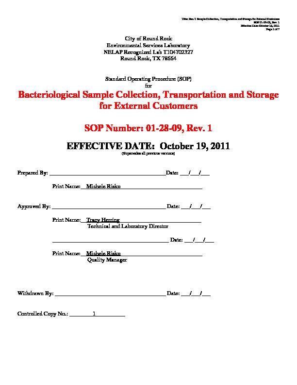 Bacteriological Sample Collection Transportation and Storage