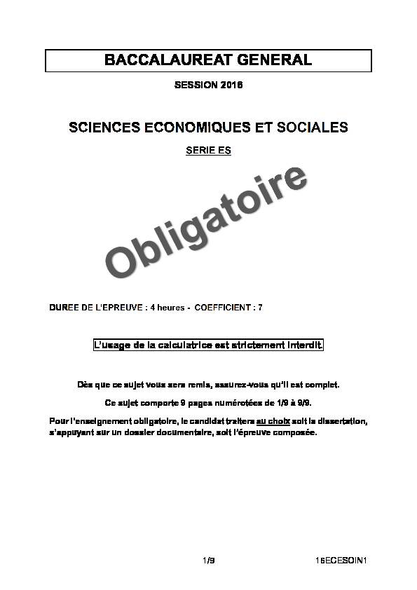 [PDF] Sujet du bac ES Sciences Economiques Obligatoire 2016