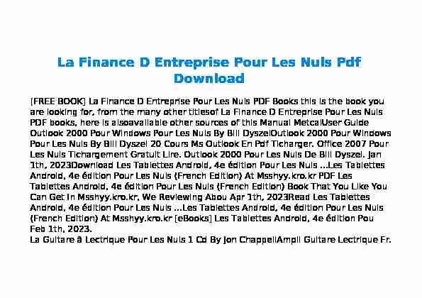 La Finance D Entreprise Pour Les Nuls Pdf Download