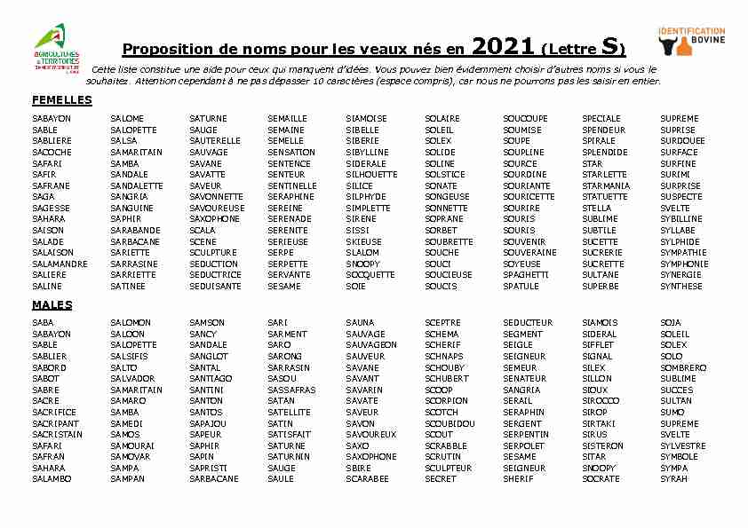 Proposition de noms pour les veaux nés en 2021 S - ALSACE