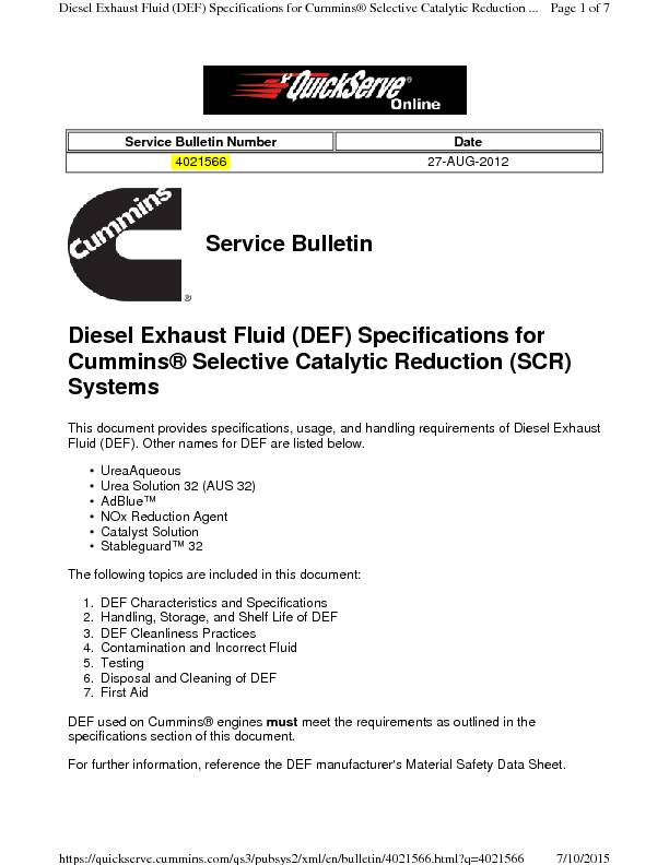 Service Bulletin Diesel Exhaust Fluid (DEF) Specifications
