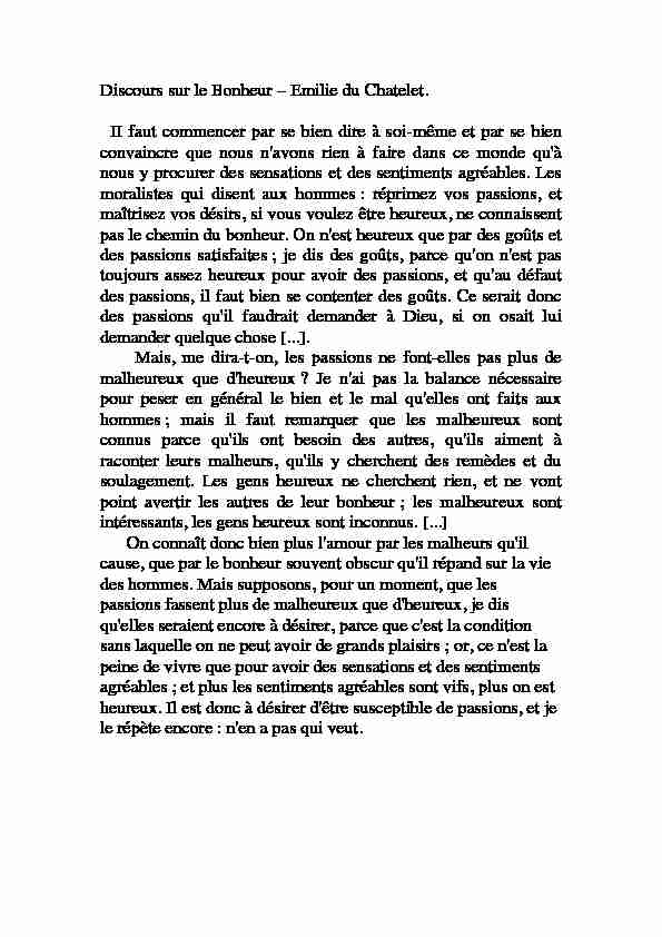 [PDF] Discours sur le Bonheur – Emilie du Chatelet II faut commencer par