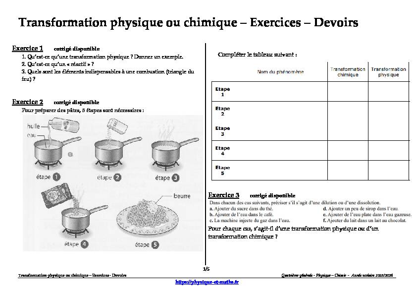 Quatrième - Transformation physique ou chimique - Exercices
