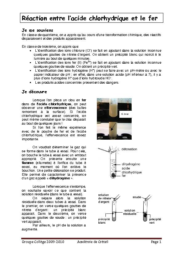 [PDF] Réaction entre lacide chlorhydrique et le fer - Physique-Chimie Créteil