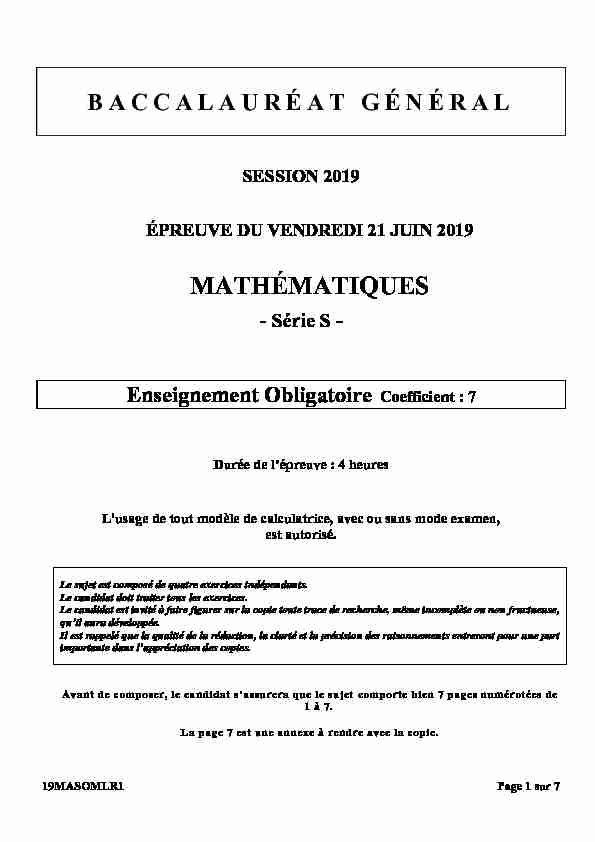 Sujet du bac S Mathématiques Obligatoire 2019 - Métropole