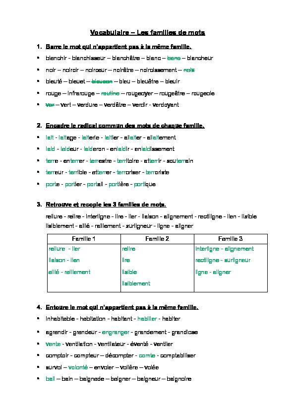 [PDF] Vocabulaire – Les familles de mots - Bloc-note des écoles