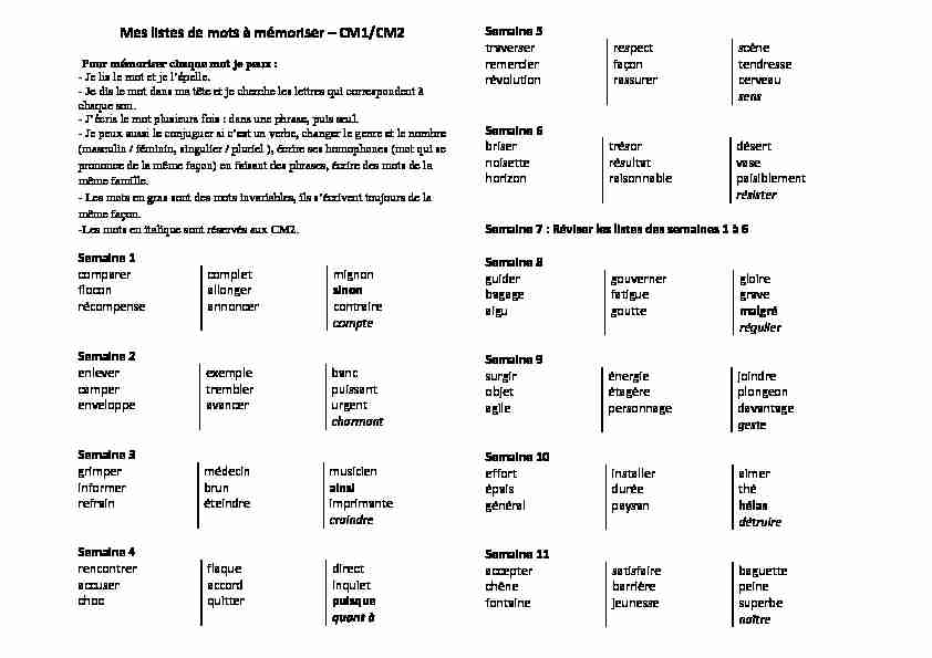 [PDF] Mes listes de mots à mémoriser – CM1/CM2