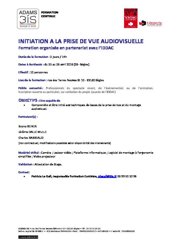 [PDF] INITIATION A LA PRISE DE VUE AUDIOVISUELLE - Iddac