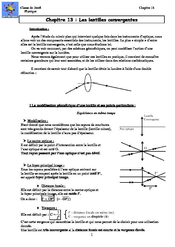 [PDF] Chapitre 13 : Les lentilles convergentes - Physagreg