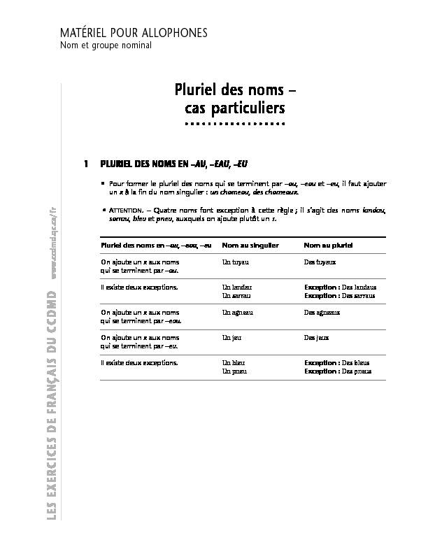 [PDF] Pluriel des noms – cas particuliers - CCDMD