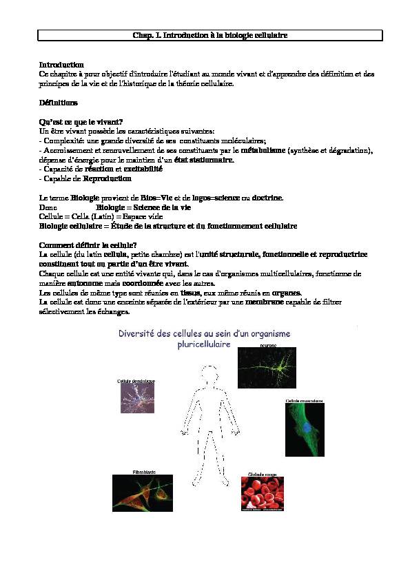 Chap I Introduction à la biologie cellulaire - F2School