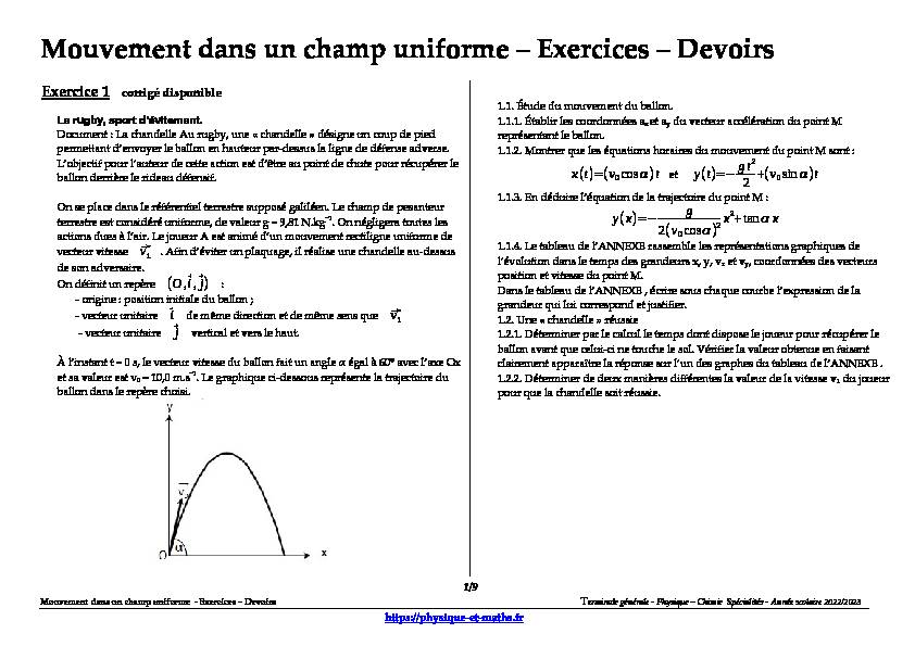 [PDF] Mouvement dans un champ uniforme - Exercices - Devoirs