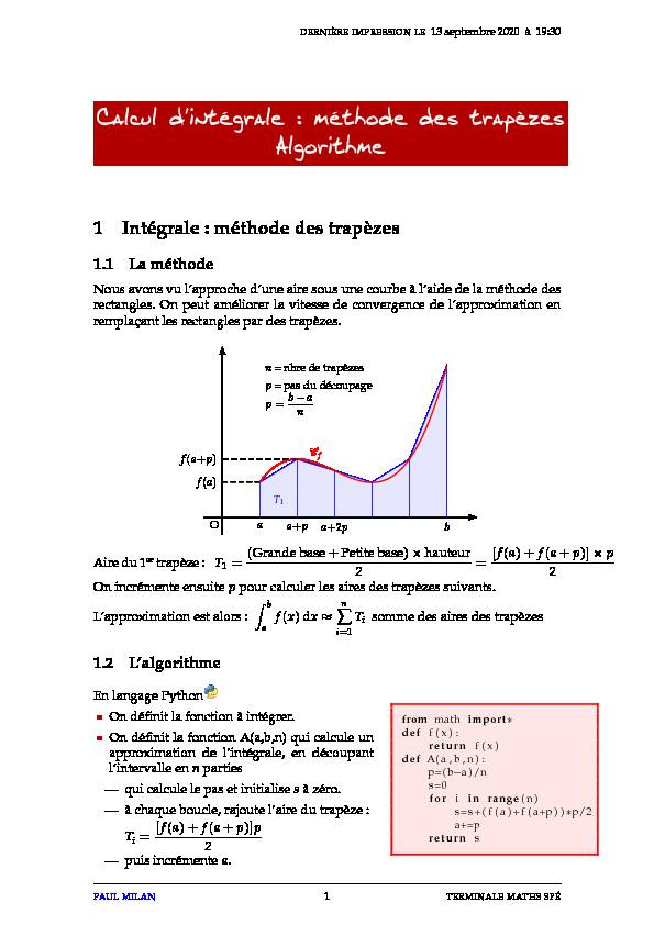 [PDF] Calcul dintégrale : méthode des trapèzes Algorithme - Lycée dAdultes