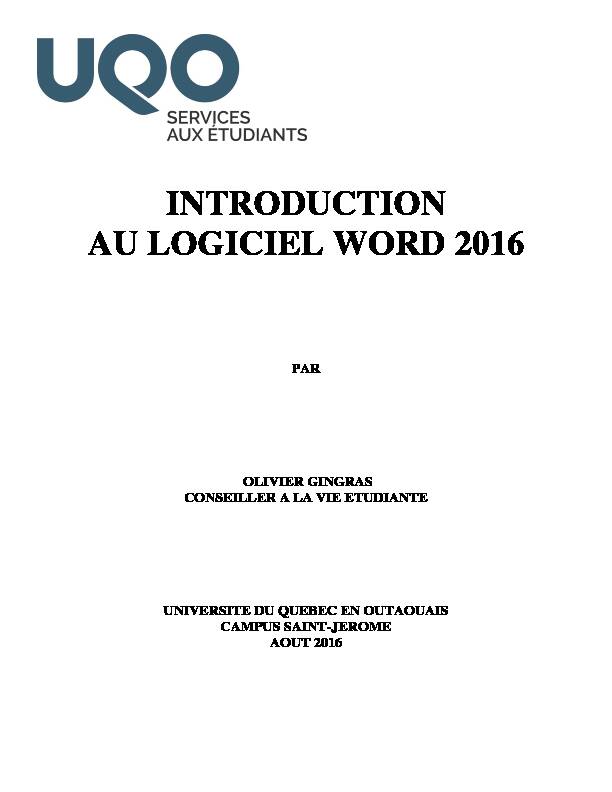 INTRODUCTION AU LOGICIEL WORD 2016 - Université du Québec