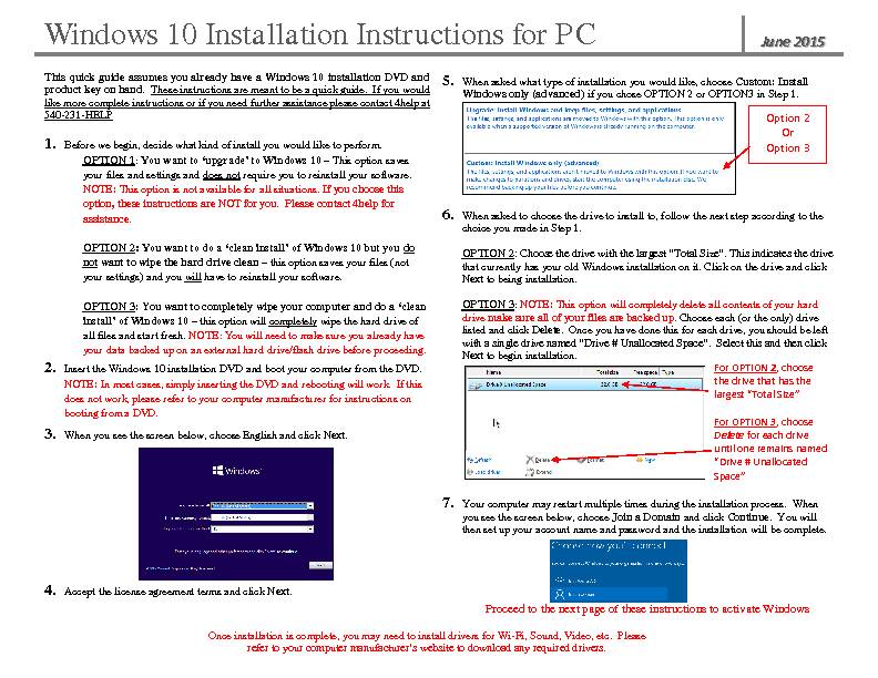 Windows 10 Installation Instructions for PC June 2015
