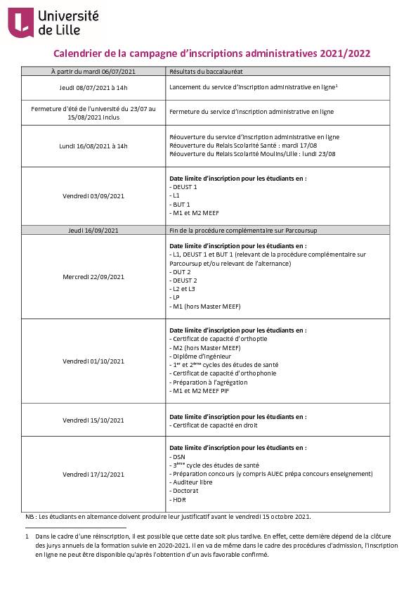 [PDF] Calendrier de la campagne dinscriptions administratives  - ged - lille