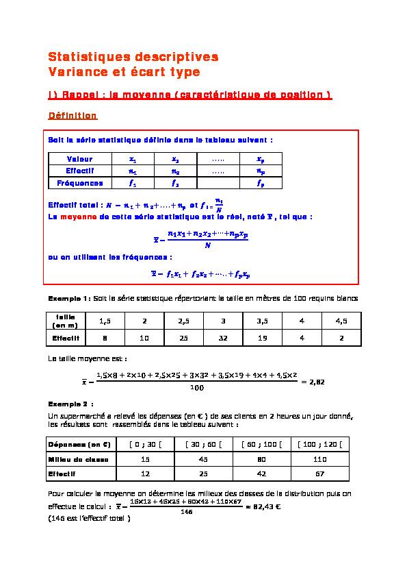 Première STI 2D - Statistiques descriptives - Variance et écart type