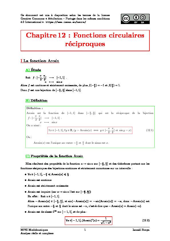 [PDF] Chapitre 12 :Fonctions circulaires réciproques