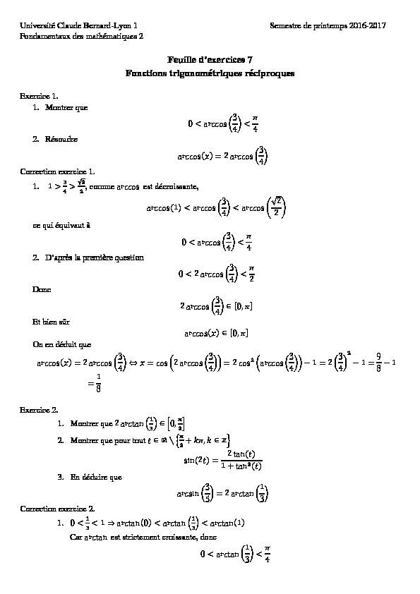 [PDF] Feuille dexercices 7 Fonctions trigonométriques réciproques