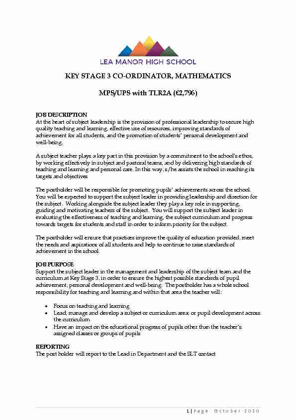 KEY STAGE 3 CO-ORDINATOR MATHEMATICS MPS/UPS with TLR2A (£2796)